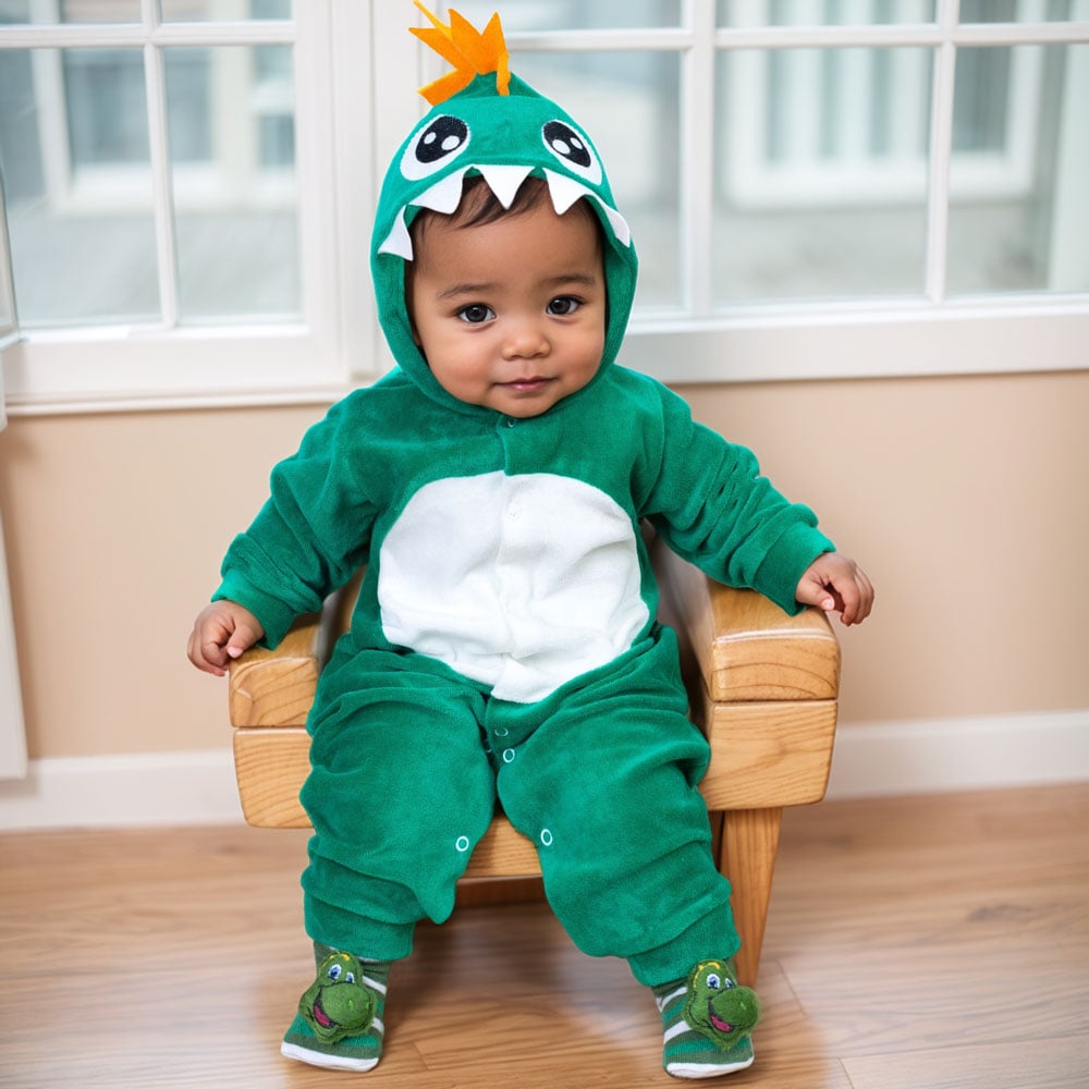 Conjunto Dino: Macacão Plush Com Capuz Bo...