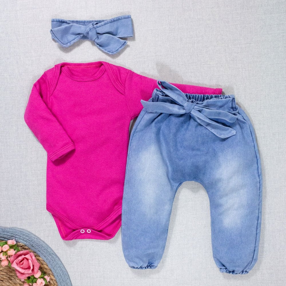 Conjunto Para Bebê Body Longo E Calça Jea...