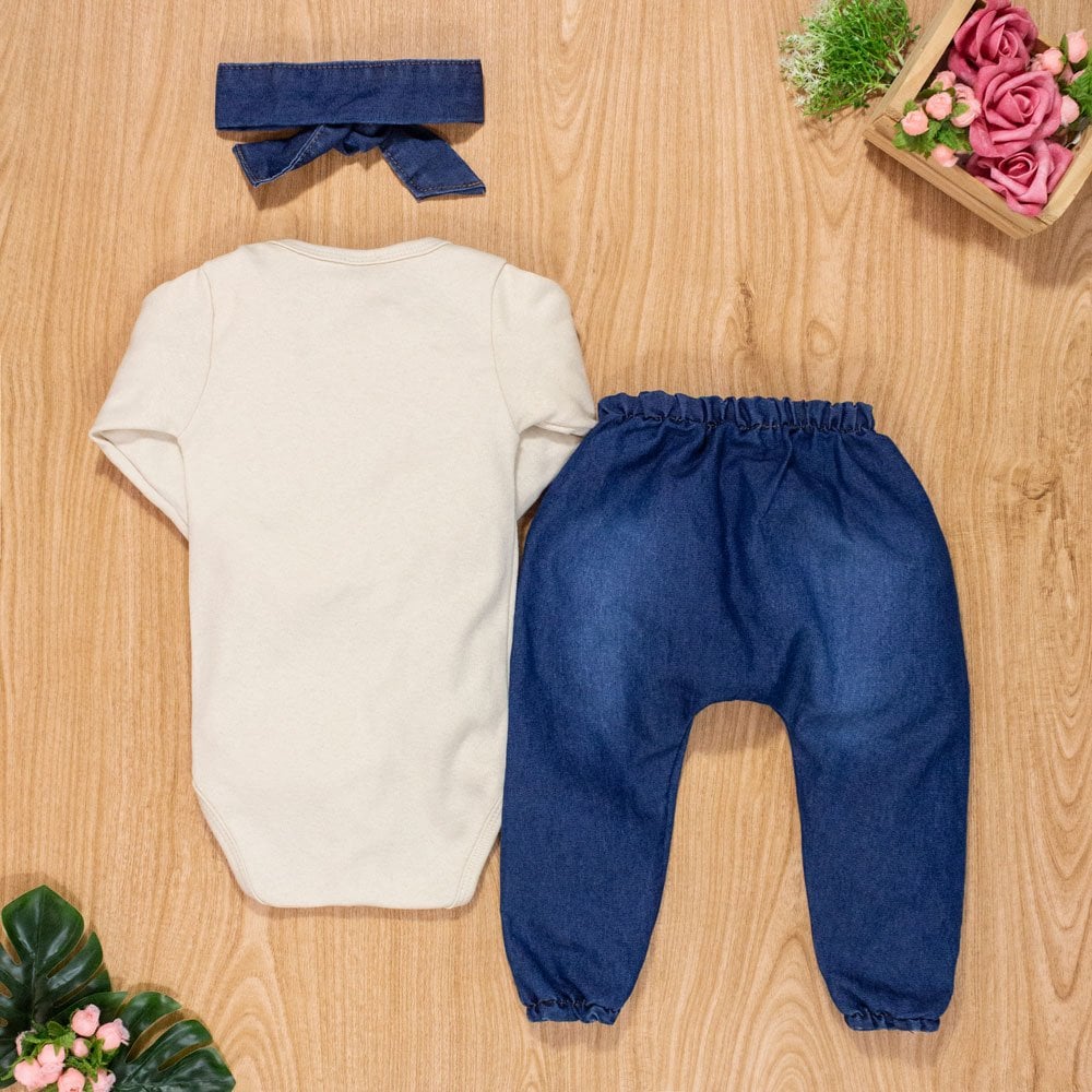 Conjunto Para Bebê Body Longo E Calça Jea...