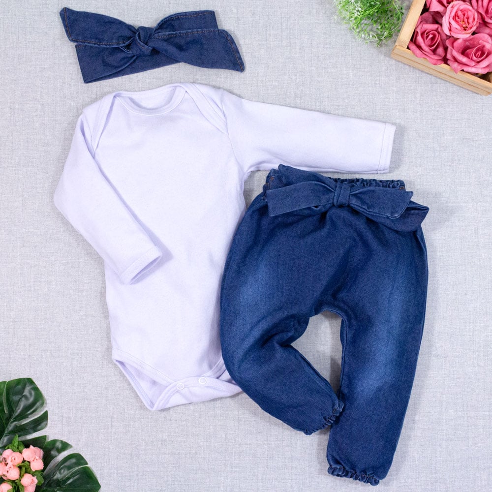 Conjunto Para Bebê Body E Calça Jeans Com...
