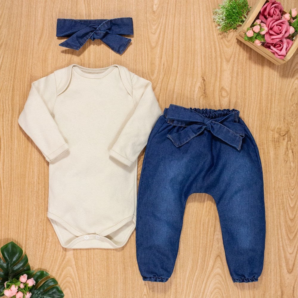 Conjunto Para Bebê Body Longo E Calça Jea...